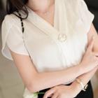 Faux-pearl Sash-front Tulip-sleeve Chiffon Top