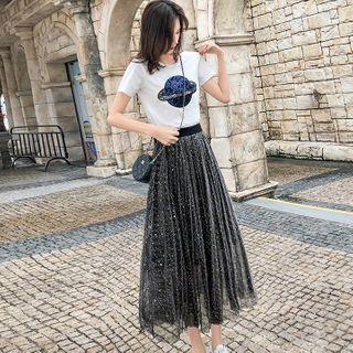 Set: Sequined Short-sleee T-shirt + Mesh Midi A-line Skirt