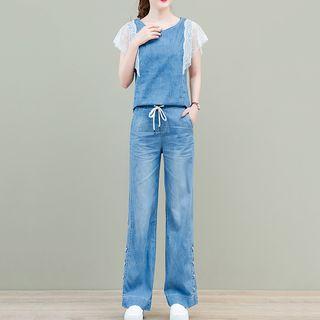 Set: Short-sleeve Lace Panel Denim Top + Denim Wide Leg Pants