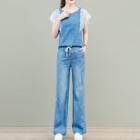 Set: Short-sleeve Lace Panel Denim Top + Denim Wide Leg Pants
