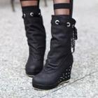 Ruched Studded Wedge Mid-calf Boots