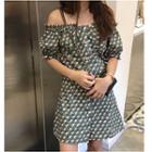 Elbow-sleeve Frill Trim Cold Shoulder A-line Mini Dress
