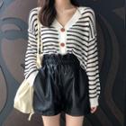 Striped V-neck Cardigan / Drawstring Faux Leather Shorts
