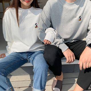 Drop-shoulder Mickey Mouse Embroidered Pullover
