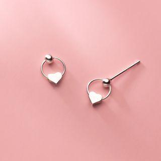 Heart Hoop Stud Earring 1 Pair - S925 Silver - Silver - One Size