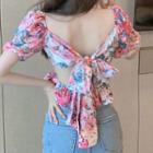 Short-sleeve Floral Print Bow-back Crop Top Pink & Blue Floral - White - One Size