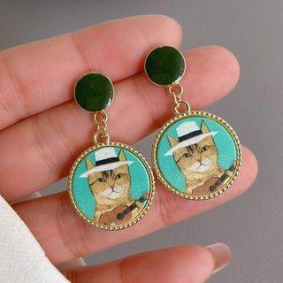 Cat Print Disc Alloy Dangle Earring