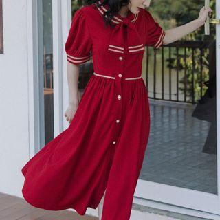 Elbow-sleeve Tie-neck Midi A-line Dress