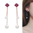 925 Sterling Silver Faux Pearl Rhinestone Clover Fringed Earring Purple Clover & White Faux Pearl - Gold - One Size