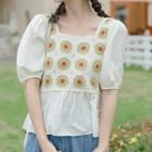 Puff-sleeve Floral Embroidered Panel Blouse Yellow - One Size