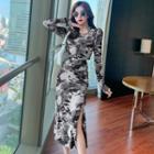 Long Sleeve Tie-dye Cutout Slit Bodycon Dress