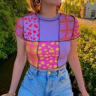 Short Sleeve Floral Print Paneled Crop T-shirt