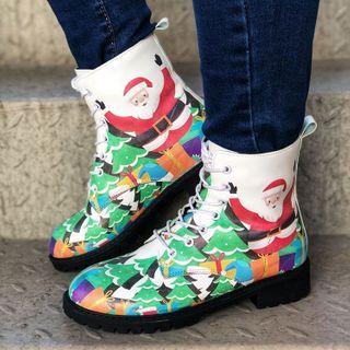 Christmas Print Platform Lace-up Ankle Boots