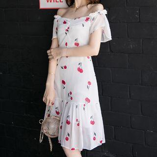 Short-sleeve Patterned Off Shoulder A-line Dress