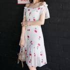 Short-sleeve Patterned Off Shoulder A-line Dress