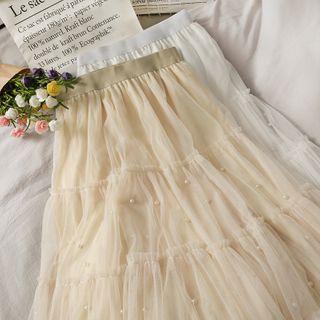 Mesh Pearl Ruffle Skirt