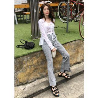 Check Linen Slit Boot-cut Dress Pants