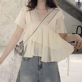 Lace Trim Short-sleeve Chiffon Top As Shown In Figure - One Size