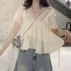 Lace Trim Short-sleeve Chiffon Top As Shown In Figure - One Size