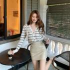 V Neck Striped Embroider Knit Long-sleeve Top