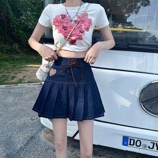 High-waist Heart Embroidered Pleated Mini Skirt