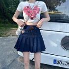 High-waist Heart Embroidered Pleated Mini Skirt