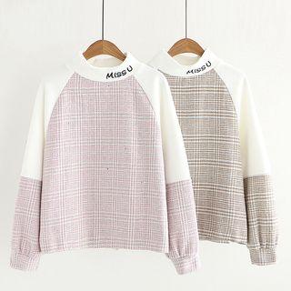 Mock-neck Plaid Panel Sweatshirt