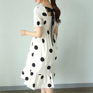 Beribboned Smocked Dotted Midi Dress