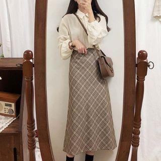 Set: Plain Knit Vest + Plain Shirt + Check Skirt