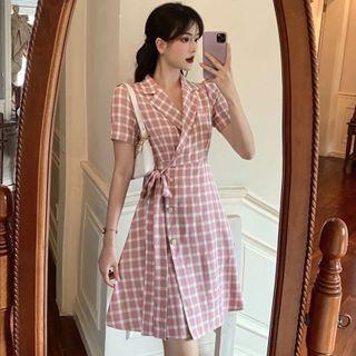 Short-sleeve Plaid Tie-front Shirtdress
