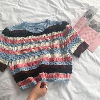 Pompom-detail Color-block Knit Top