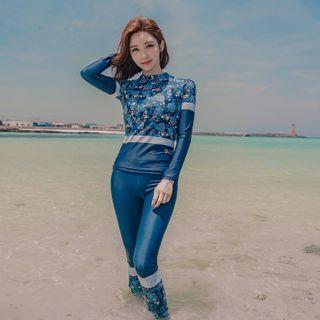 Set: Flower Print Long-sleeve Rashguard + Bikini Bottom + Swim Pants
