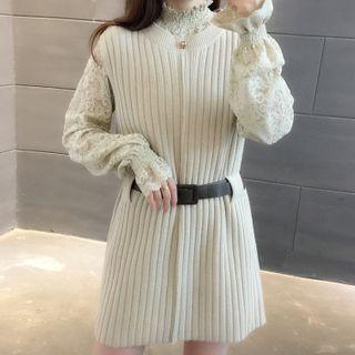 Set: Mock-turtleneck Long-sleeve Lace Top + Mini Rib Knit Pinafore Dress