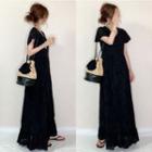 Short-sleeve Eyelet Lace Maxi A-line Dress Black - One Size
