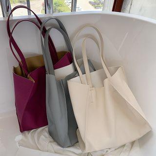 Set: Plain Faux Leather Tote Bag + Zip Pouch