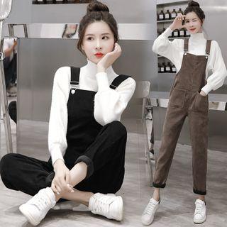 Corduroy Jumper Pants / Mock-turtleneck Ribbed Sweater / Set