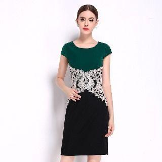 Cap-sleeve Two Tone Crystal Sheath Dress