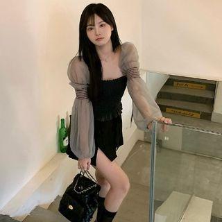 Mesh Panel Blouse / Mini A-line Skirt