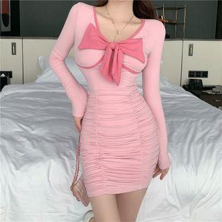 V-neck Bow Shirred Mini Bodycon Dress