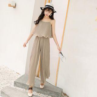 Spaghetti-strap Pleated Wide Leg Jumpsuit