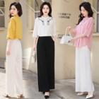 Elbow Sleeve Collarless Floral Shirt / High Waist Plain Wide-leg Pants