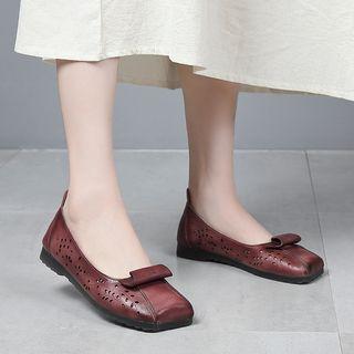 Genuine Leather Perforated Square-toe Flats