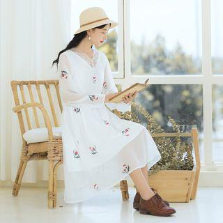Long-sleeve Flower Print V Neck Chiffon Dress