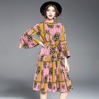 3/4-sleeve Printed Tie-waist Pleated Dress