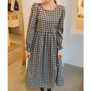 Balloon-sleeve Plaid Dress Charcoal Gray - One Size