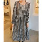 Balloon-sleeve Plaid Dress Charcoal Gray - One Size