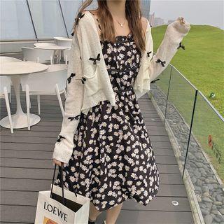 Flower Print Spaghetti Strap A-line Dress / Bow Detail Cardigan