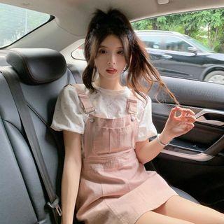 Short-sleeve Floral T-shirt / Mini Overall Dress