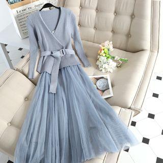 Set: Knit Top + Spaghetti Strap Mesh Dress