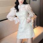 Bell-sleeve Collared Tweed Mini A-line Dress